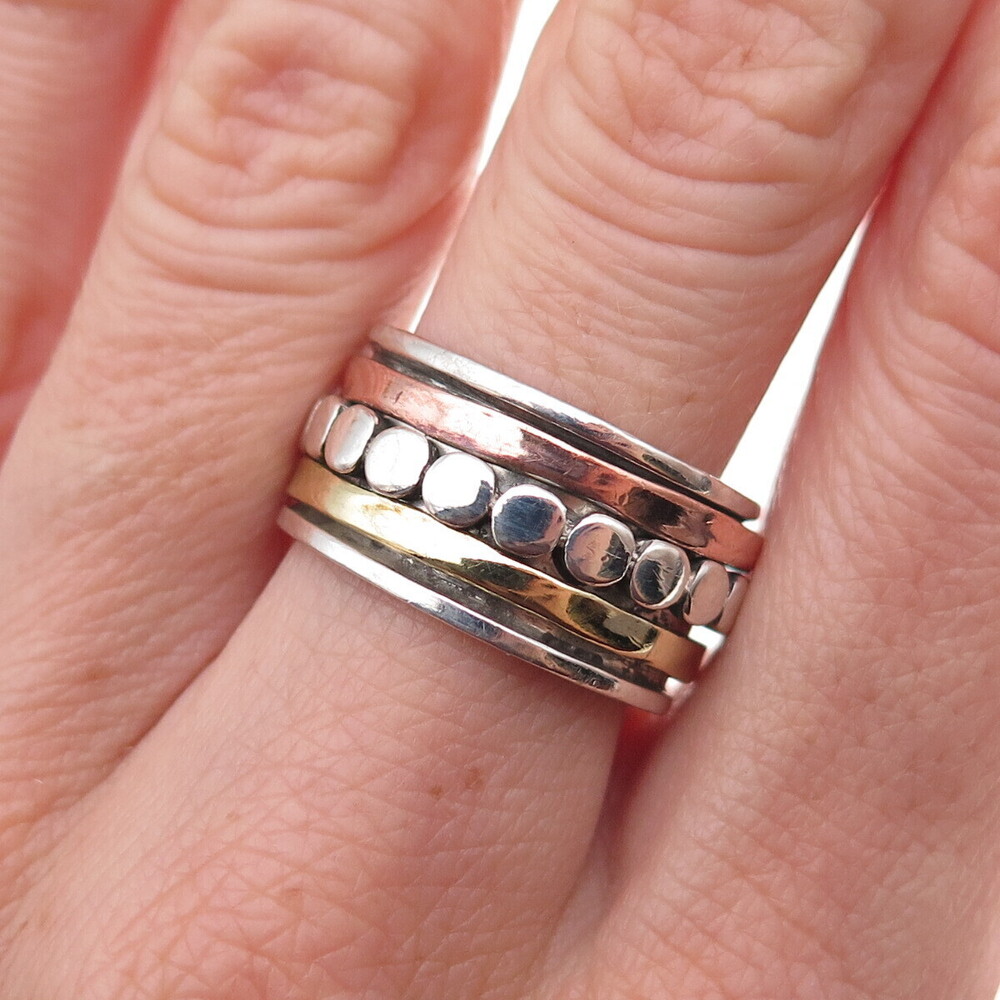 925 Sterling Silver 3-Tone Vintage Dotted Rotating Band Ring Size 8.5